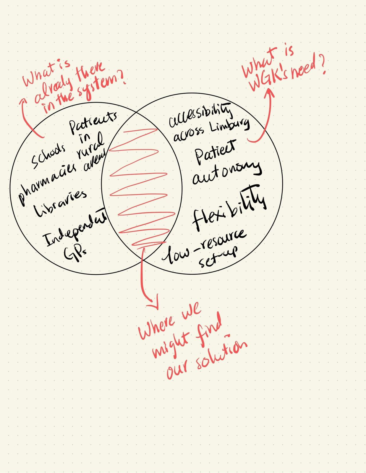 Venn diagram sketch comparing what already exists in the system with Wit-Gele Kruis's needs