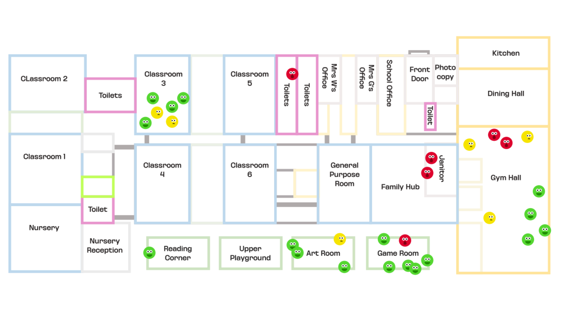 School floor plan covered in green, yellow and red emotion tokens placed by players
