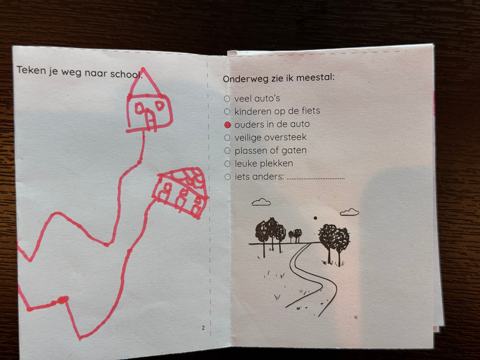 Inside spread with a red route between two houses