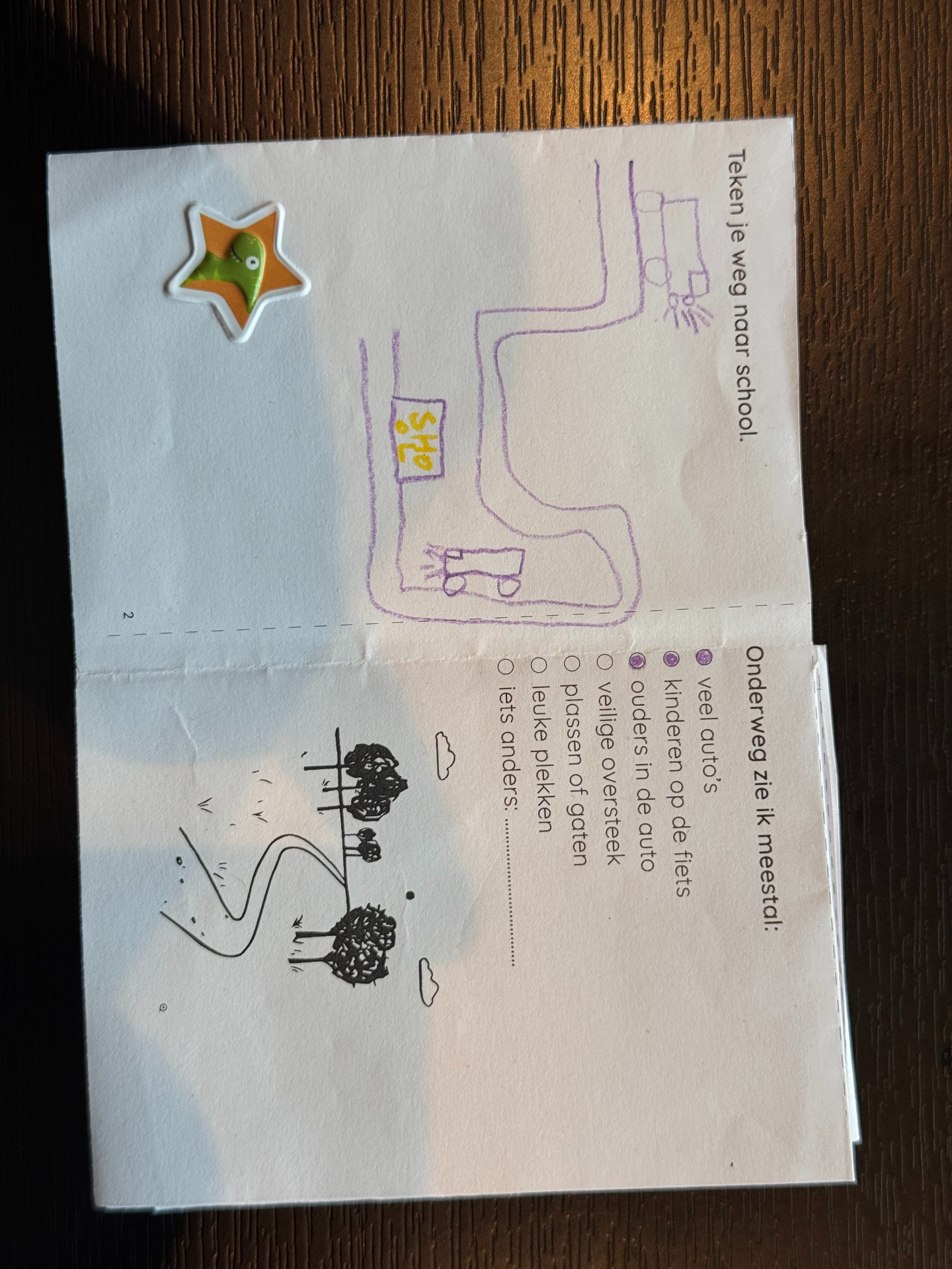 Inside spread with a purple route past the school