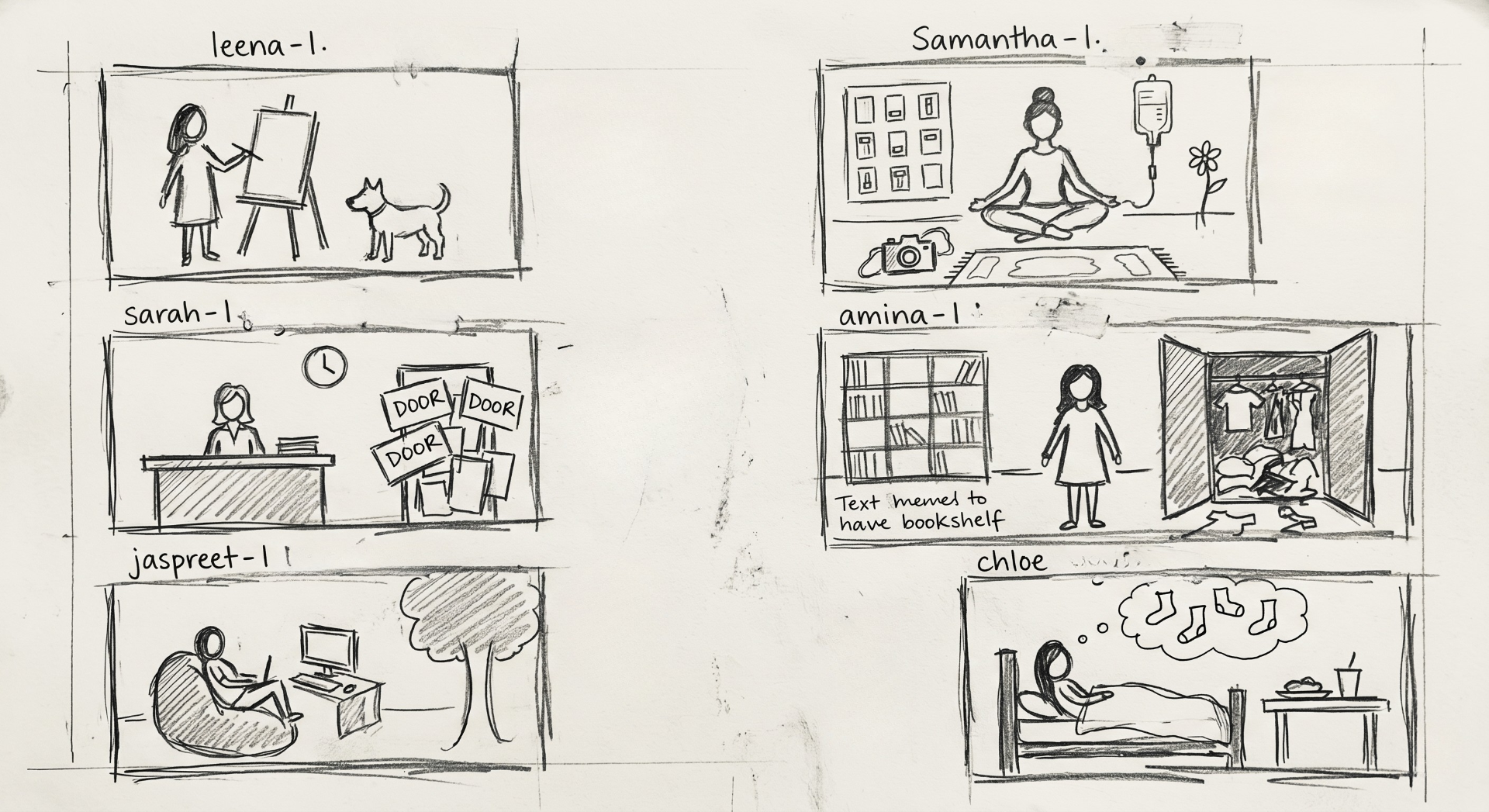Storyboarding the six narratives