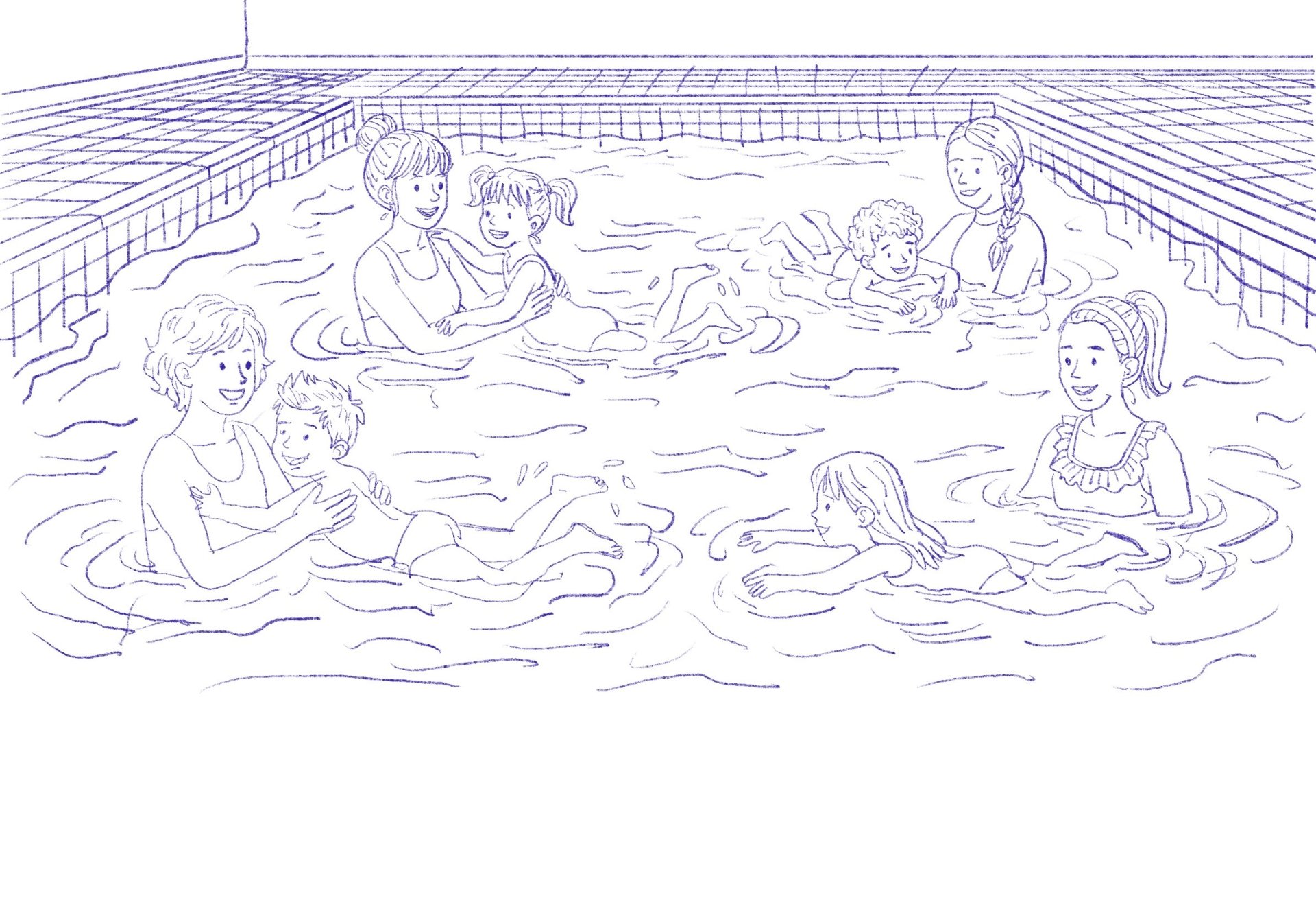Sketch of a PE swimming lesson with multiple children and helpers in the pool
