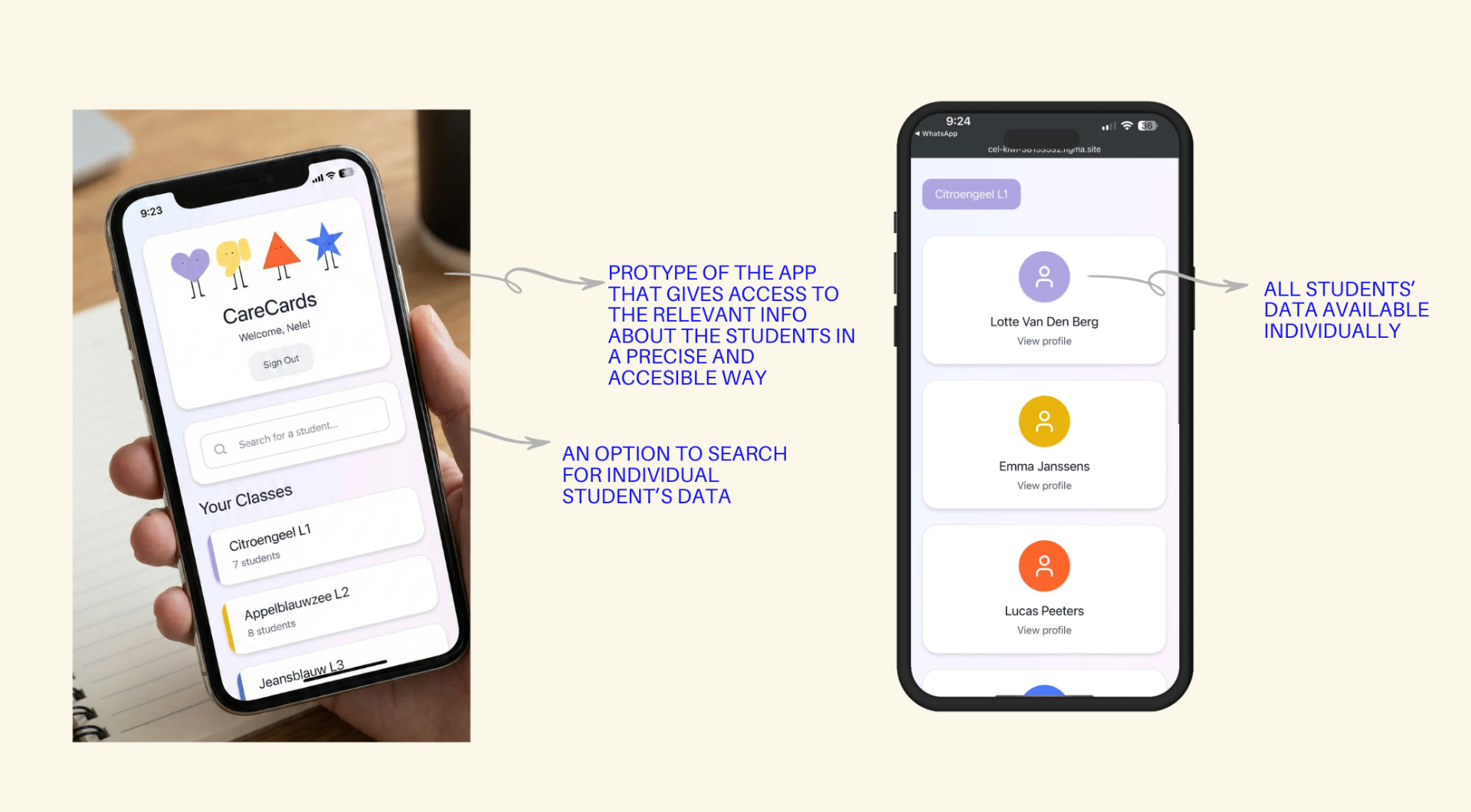 App prototype showing a welcome screen with student search and a class list