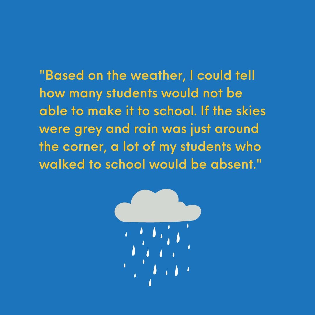 Quote graphic: a Fellow on how rainy weather kept students from reaching school