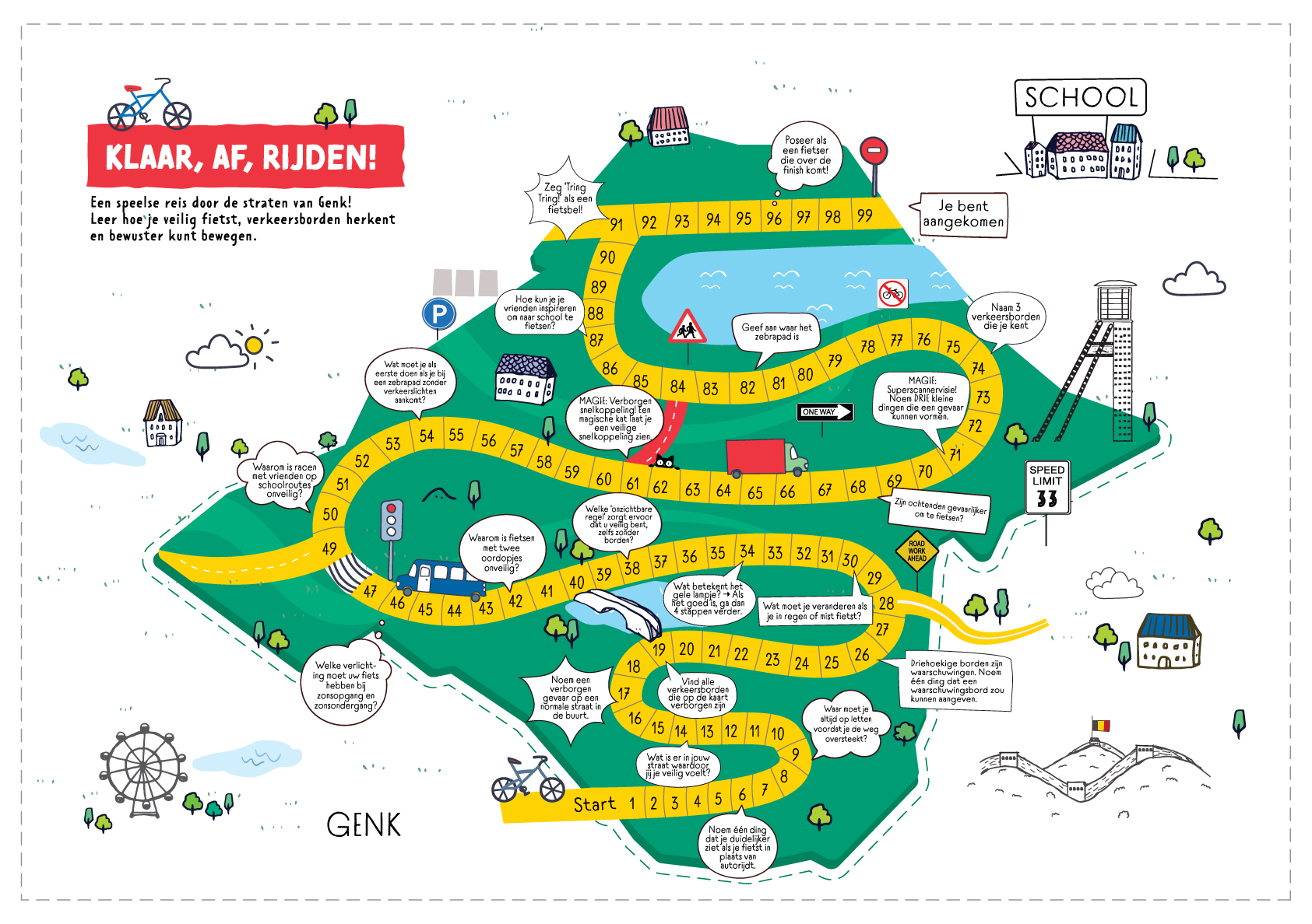 Klaar, af, rijden!, the Re/Move educational board game illustrated as a route through Genk