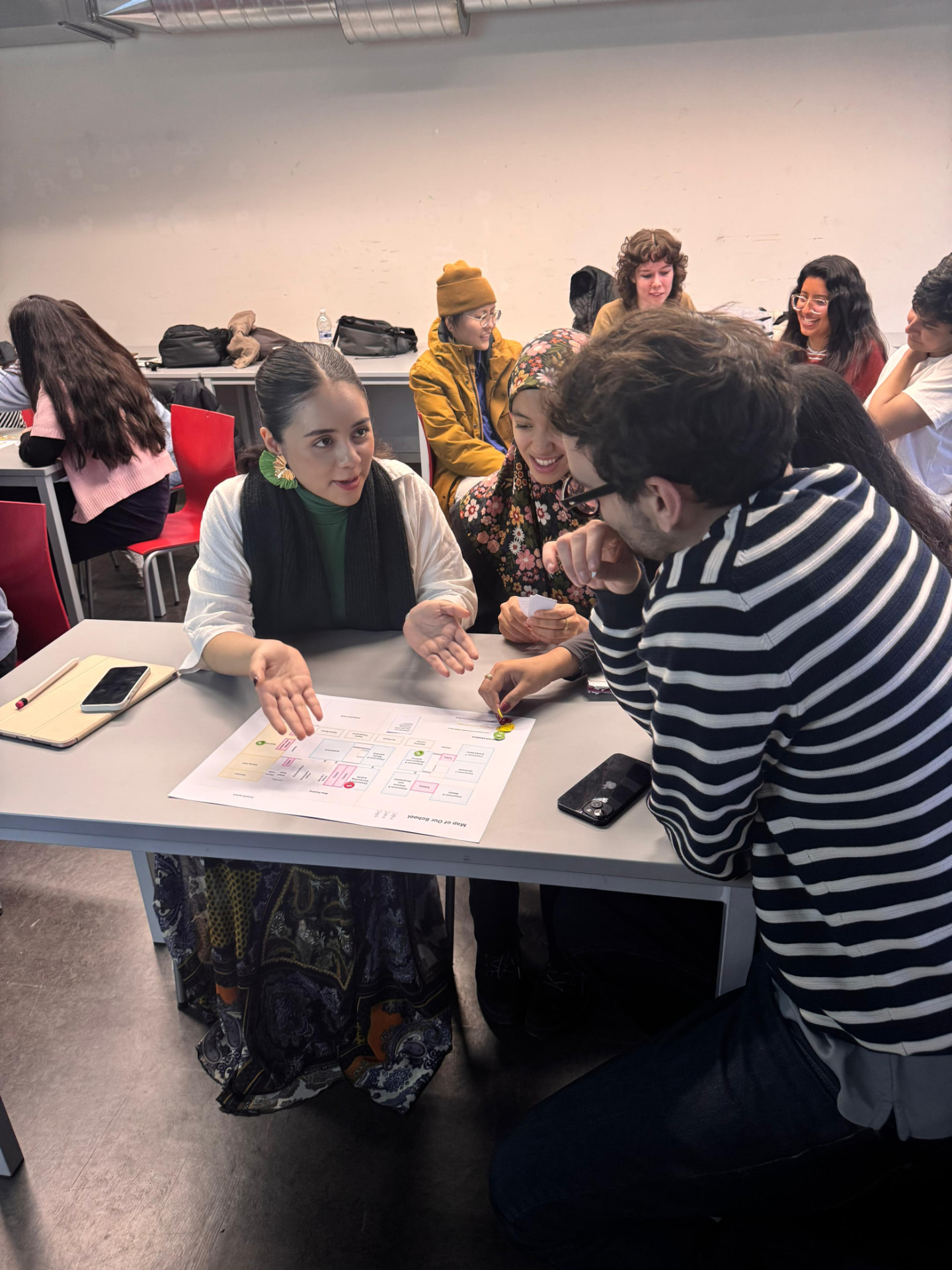 Three players around a table placing emoji stickers on a printed school map