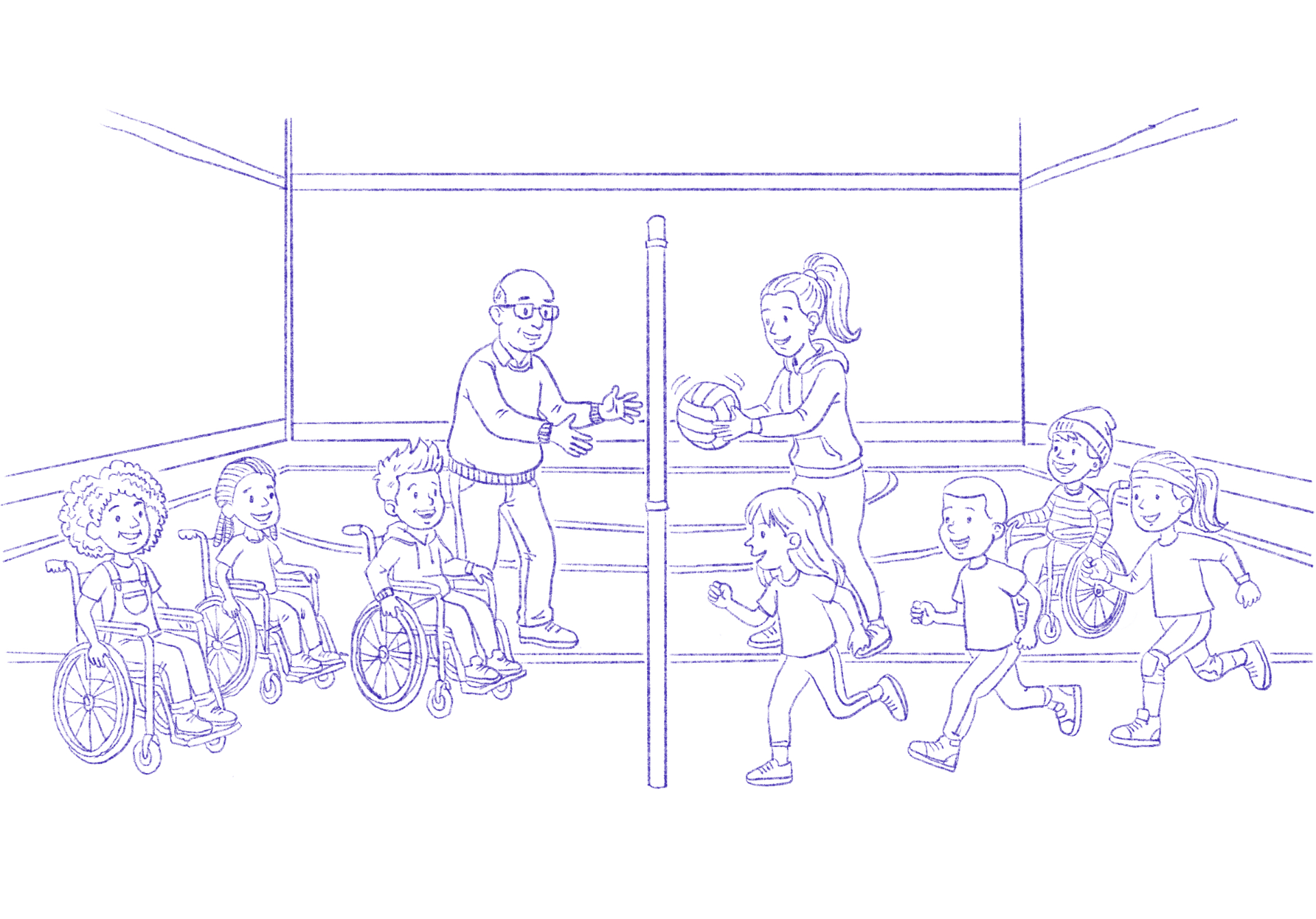 Sketch of a PE gym class with wheelchair users and running children playing together