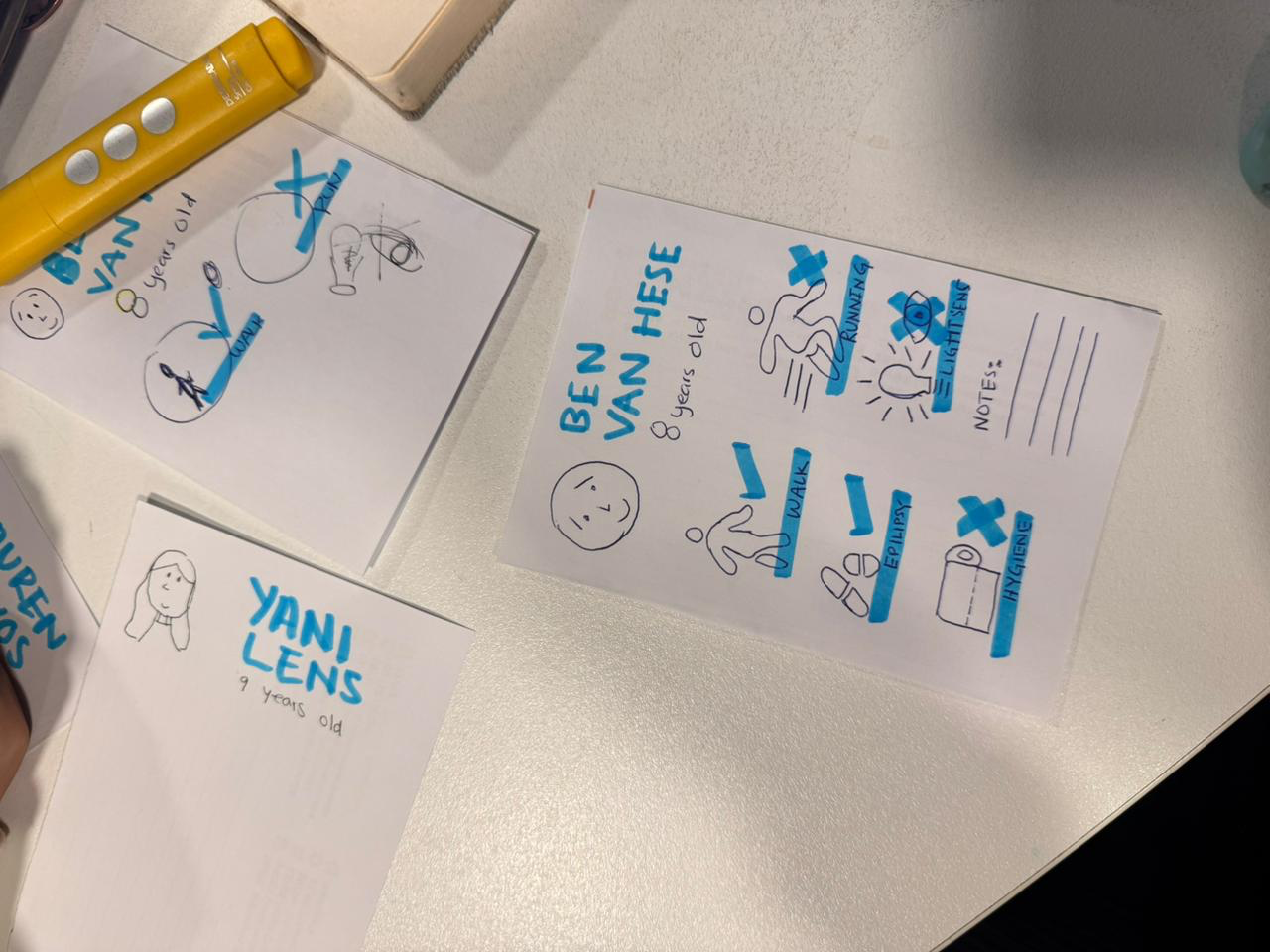 Paper prototype cards for Ben Van Hese and Yani Lens with hand-drawn icons