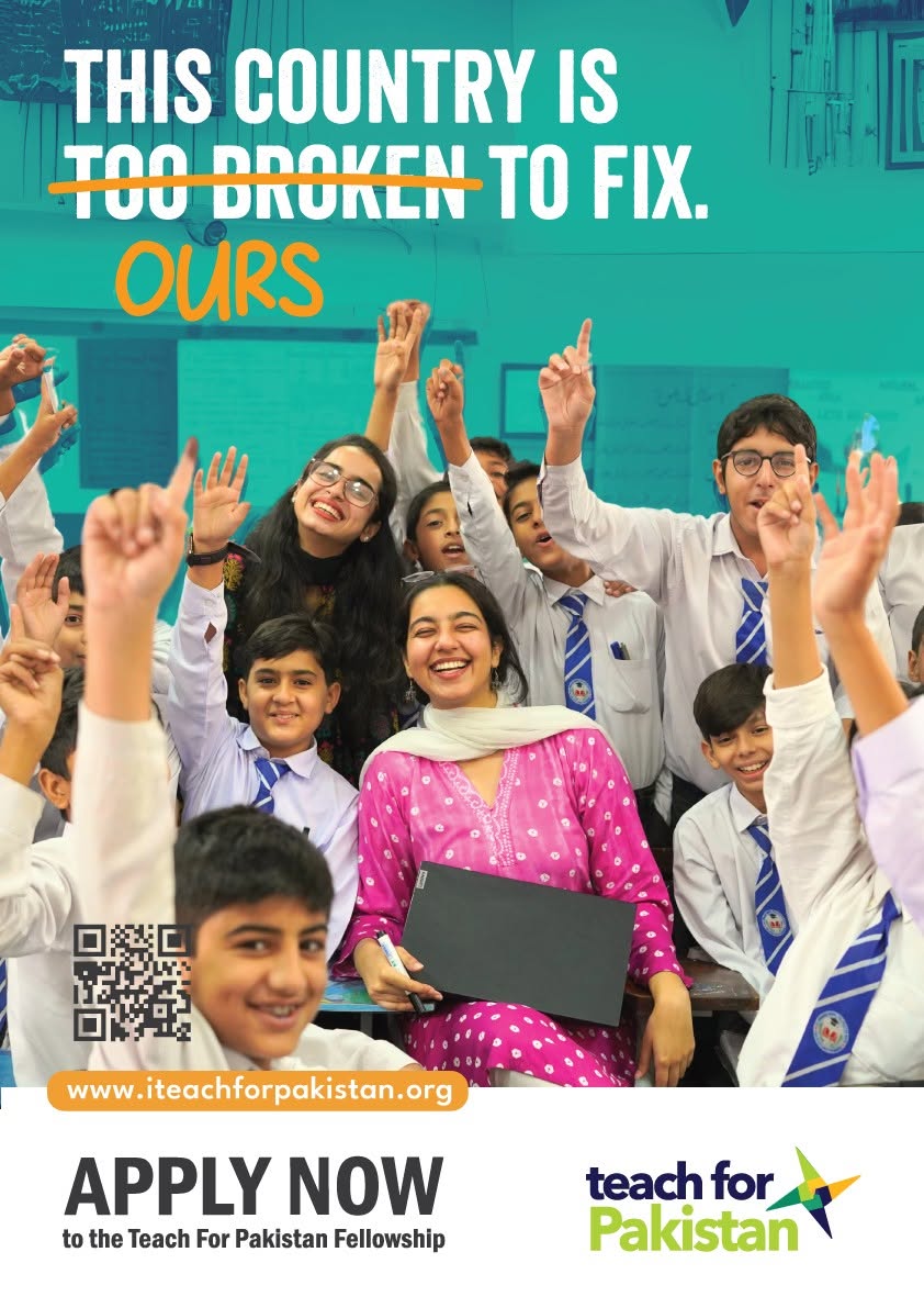 #OursToFix poster with a Fellow and her students raising their hands in a classroom