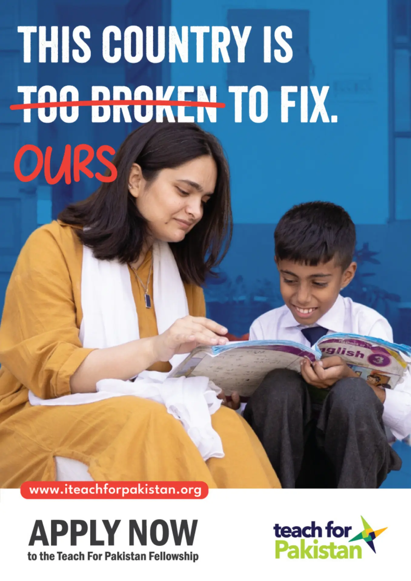 #OursToFix poster with a Fellow reading an English textbook with a student