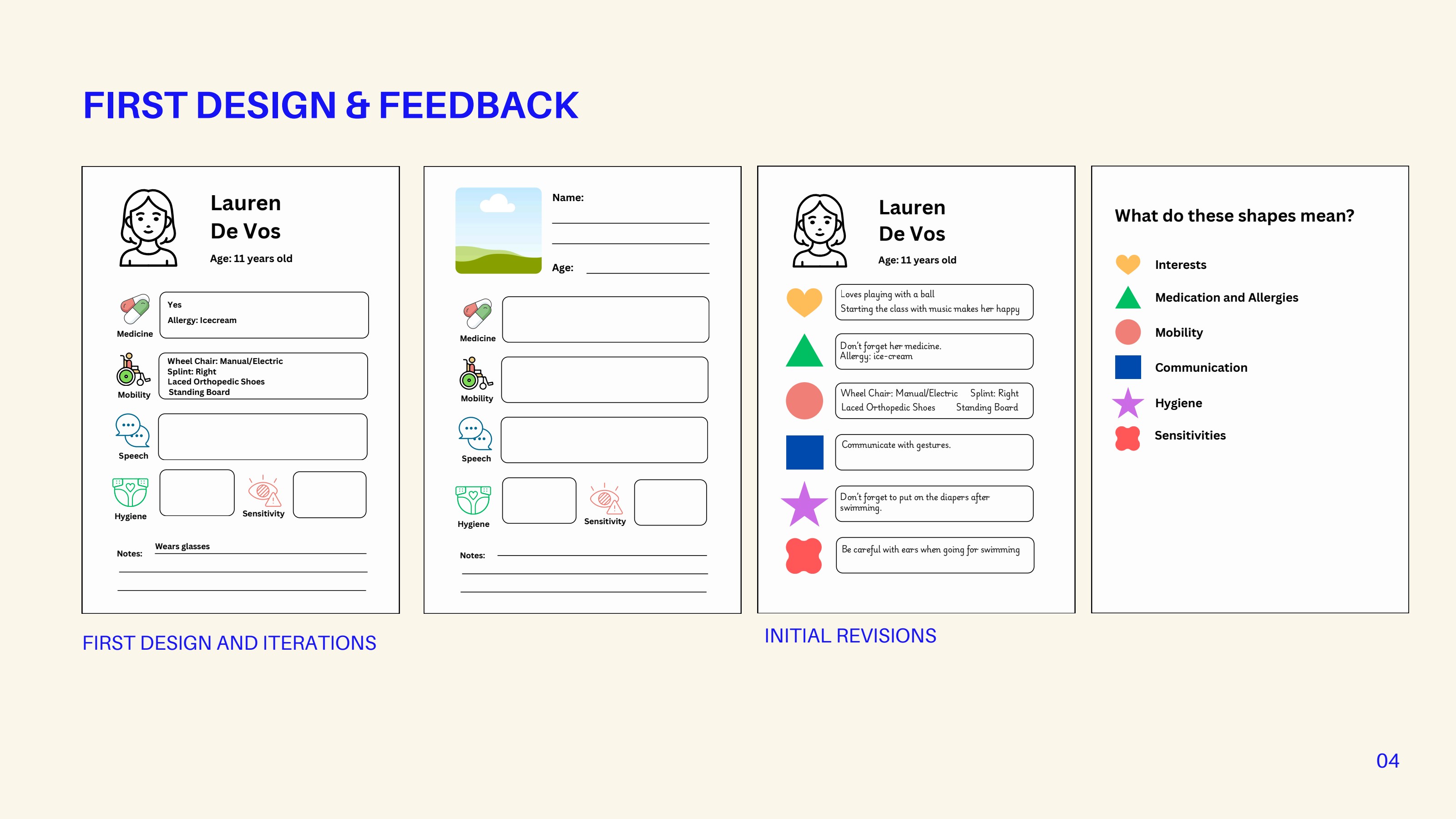 First design iteration: a clinical category-based profile card alongside a softer iconised version